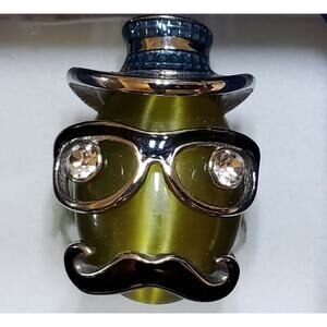 Size 9 Simulated Khaki Cat's Eye 7.4 ctw, White Austrian Crystal, Enameled, Ring